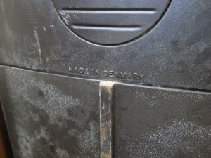 Photo of rear of woodburning stove marked Made in Denmark.